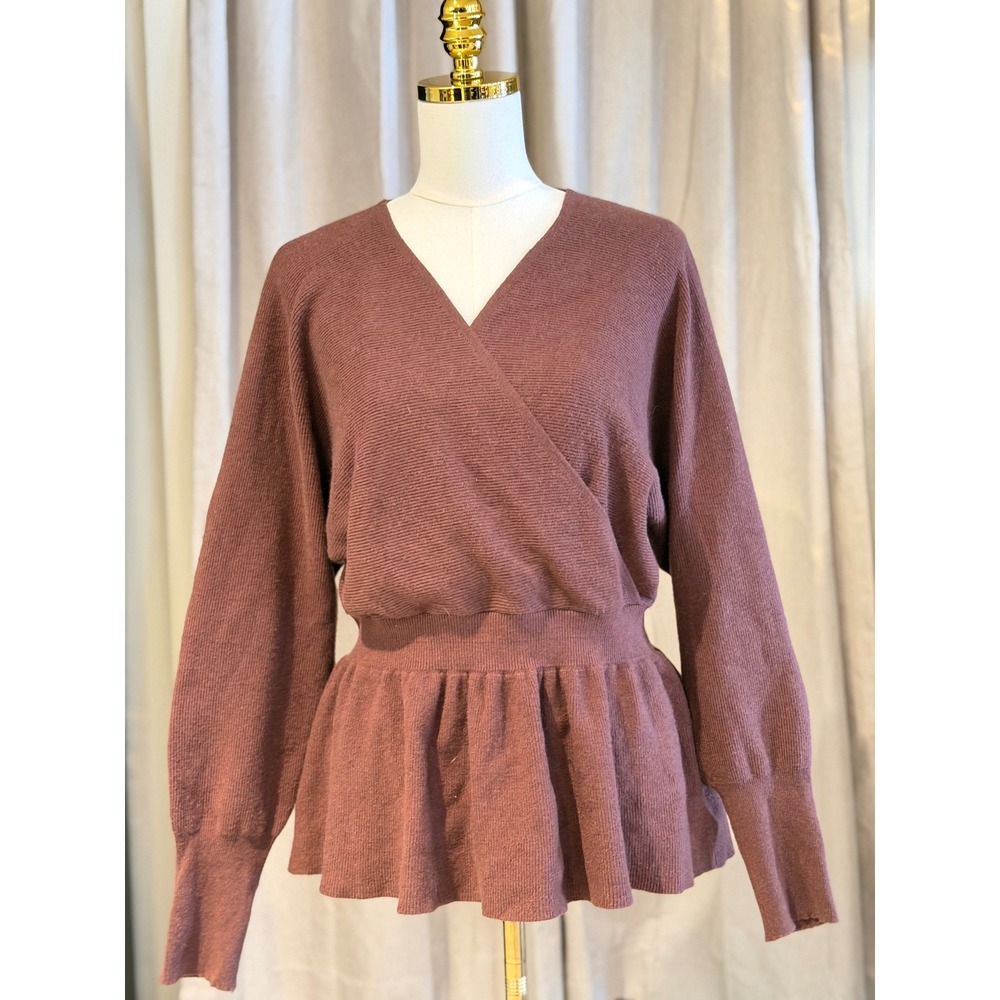 Lotusmile Womens XXL Brown Ribbed Peplum Sweater Faux Wrap V-Neck Dolman Sleeve